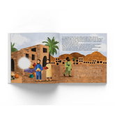 Open kinderboek met illustraties over Aboe Bakr en goede daden verrichten